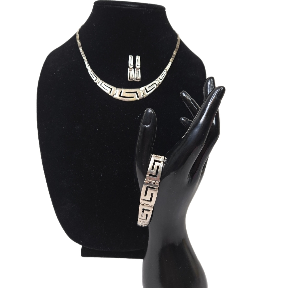 Sterling Silver Matching Necklace , Bracelet & Earring Vintage Greek Key Design